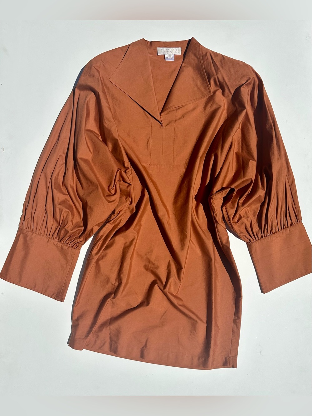 Vintage Charlotte Neuville Rust Brown Balloon-Sleeve Blouson Cotton Dress/Top, M